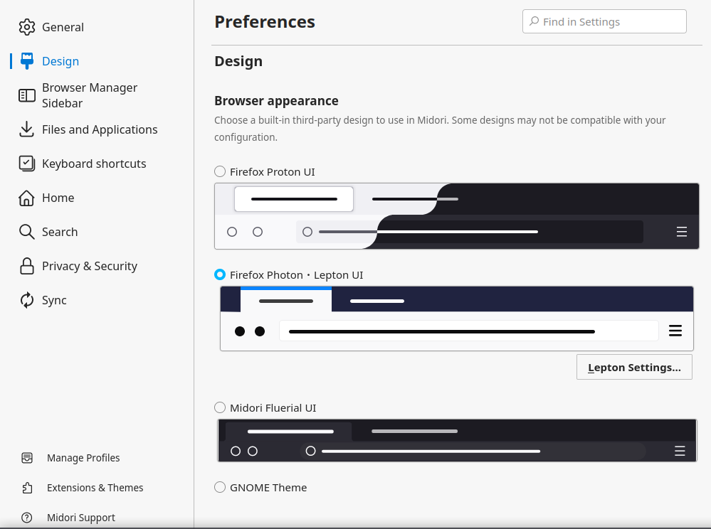 screenshot of Midori’s “Design” section/tab on the settings page