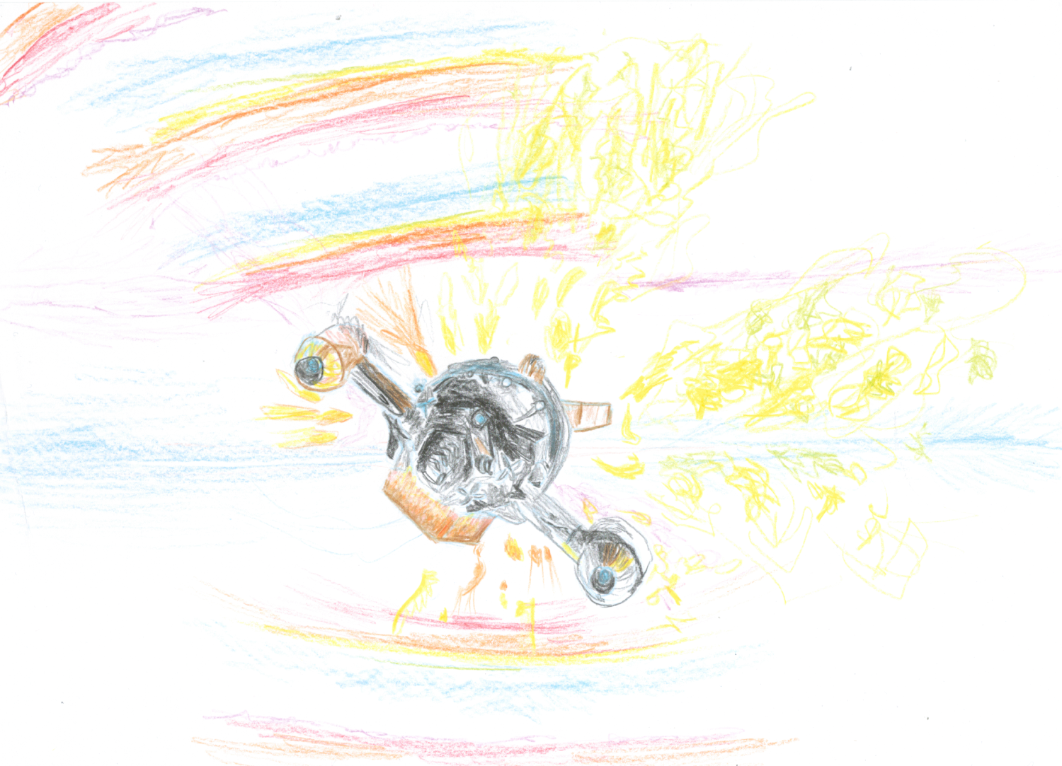 The above drawing, but without the added water. No black space is present, and the details are much more vague. The light blue and purple lines, the rainbows. Most of the detail is focused on the ship.