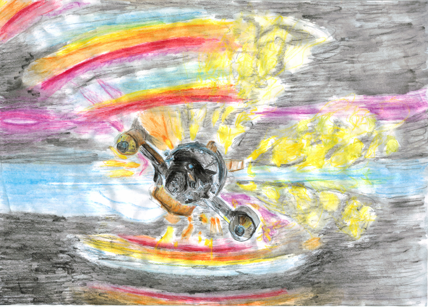 Black space is interrupted by a grey ship. Flying into the camera at an angle, the ship has a long cylindrical body, with two engines attached on either side on arms. Directly behind it are orange flames. Out of the back, in two wide streams is yellow luminous gas from the exhaust. In the background are two horizontal beams of light: one light blue and large, the other above it, purple and smaller. Rainbow arcs are present around the ship. It's about to take off.