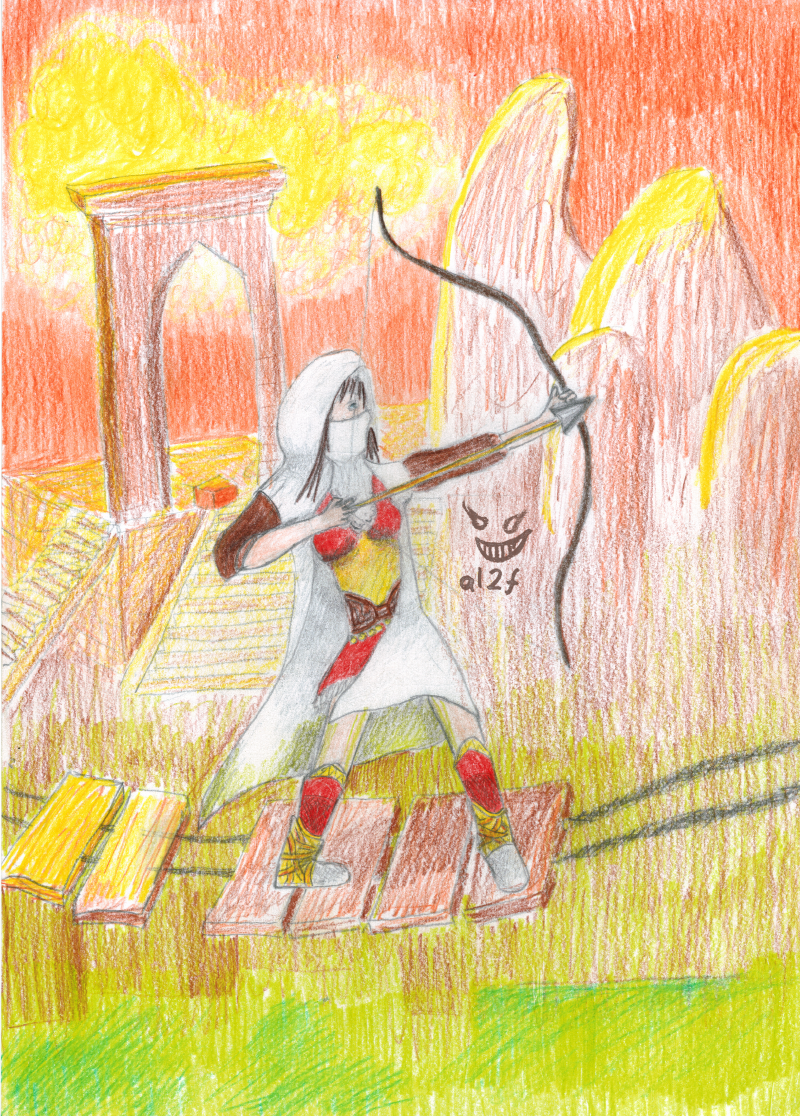 In the background are stone Ruins indispersed with rock formations. A sunset shines orange light on them, while at the bottom of the image there is a green glow of acid pools. Above these pools on a rickety wooden rope bridge stands a female thief - Zoya - she readies her bow and arrow aims somewhere off-screen. She has long brown hair, and a white veil covering her face. She is dressed in a white cloak obscuring her face and most of her features, with a red/yellow dress and bare legs, with red shin guards and grey shoes.