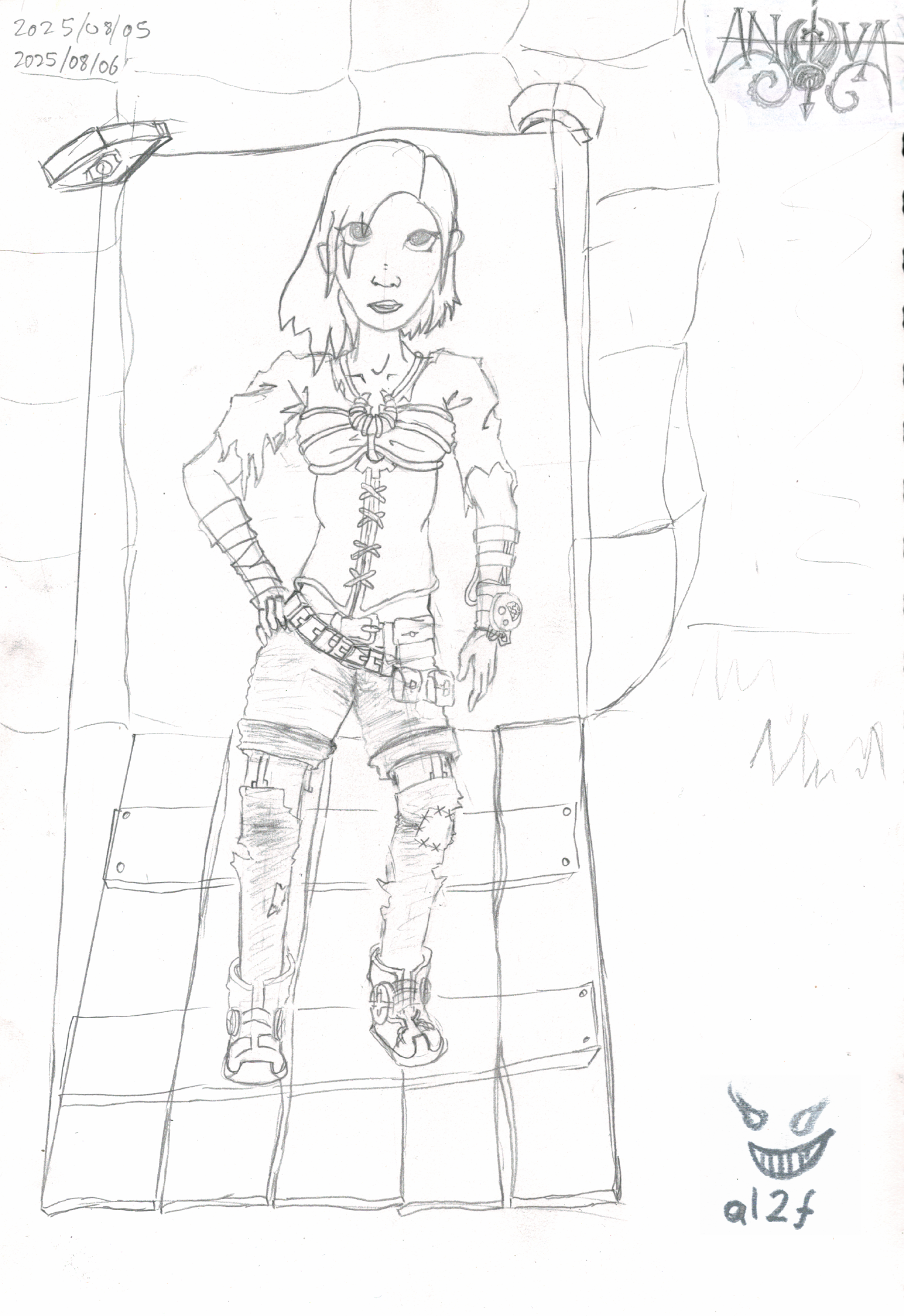 A rusty metal ship has landed on a grass field. A small drawbridge made of worn wooden planks is lowered onto the floor. In the doorway with one hand on her hip stands Violet - a tall female pirate. She's dressed in a plain white shirt and violet corset. On her grey,  mechanical, tank-track-like belt, she wears leather pouches of various sizes. Brown shorts end above the knees. From the knees, suspender straps support violet leggings, which are tucked into dark violet boots. It's clear both she, and the ship have been through better times. The bronze plates that make up the exterior of the ship have rusted, and Violet's shirt and leggings are torn in many places.