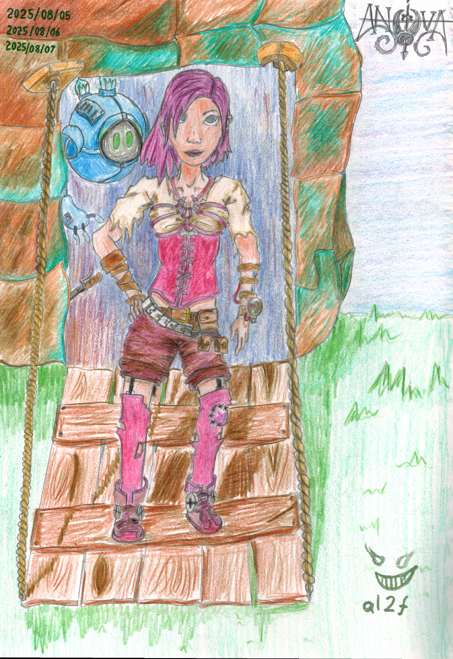 Almost the same drawing as above, but with a few additions, and coloured in. In the doorway behind Violet hovers a blue spherical robot - Tink. He has a black circle on the front for a face, lit up by two green, vertical slits which are his eyes. On his top are two lightbulbs, and on the side crevases for his arms. His arms are thin, made from a long black wire, and his wrist from the same blue metal as his shell. Three fingers on his right hand are made from short, black wire, with more blue metal at the fingertips.